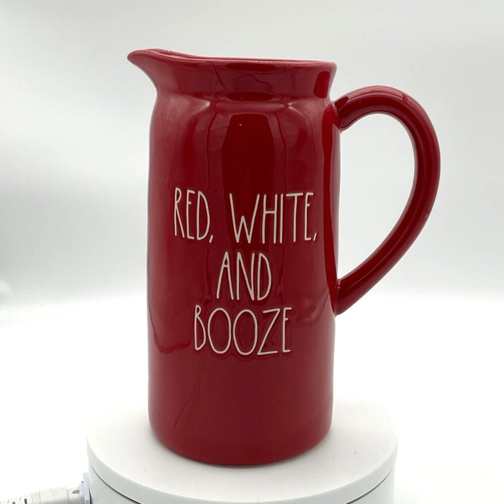 Rae Dunn Artisan Collection by Magenta Red White & Booze Ceramic Pitcher NIB